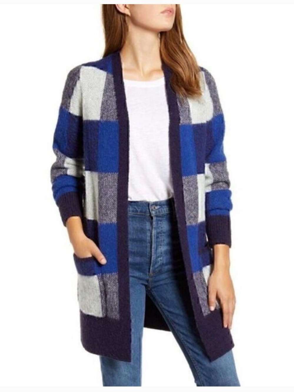 Lucky Brand Blue and Gray Plaid Open-Front Cardigan